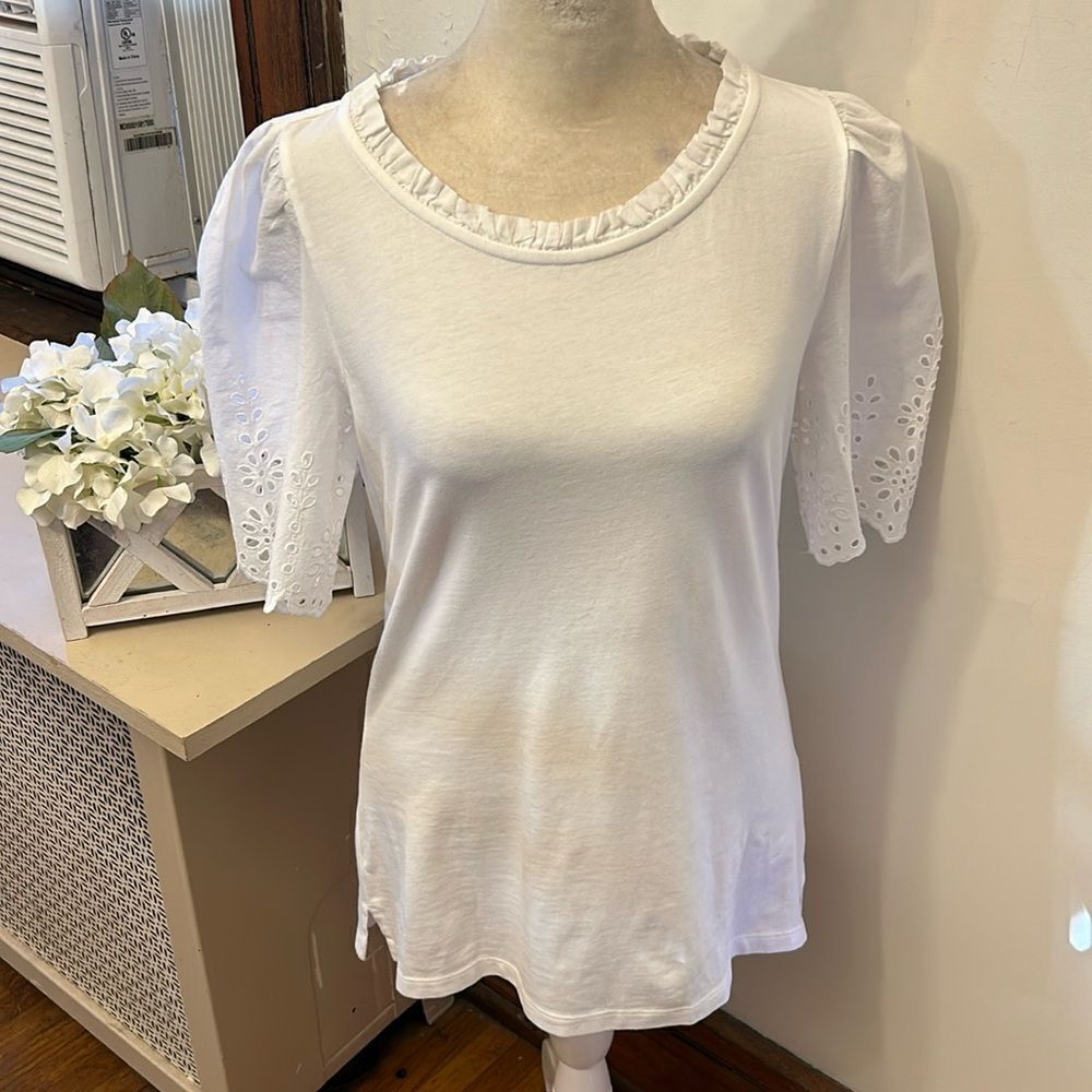 Talbots white cotton short eyelet sleeve blouse Size XS New
